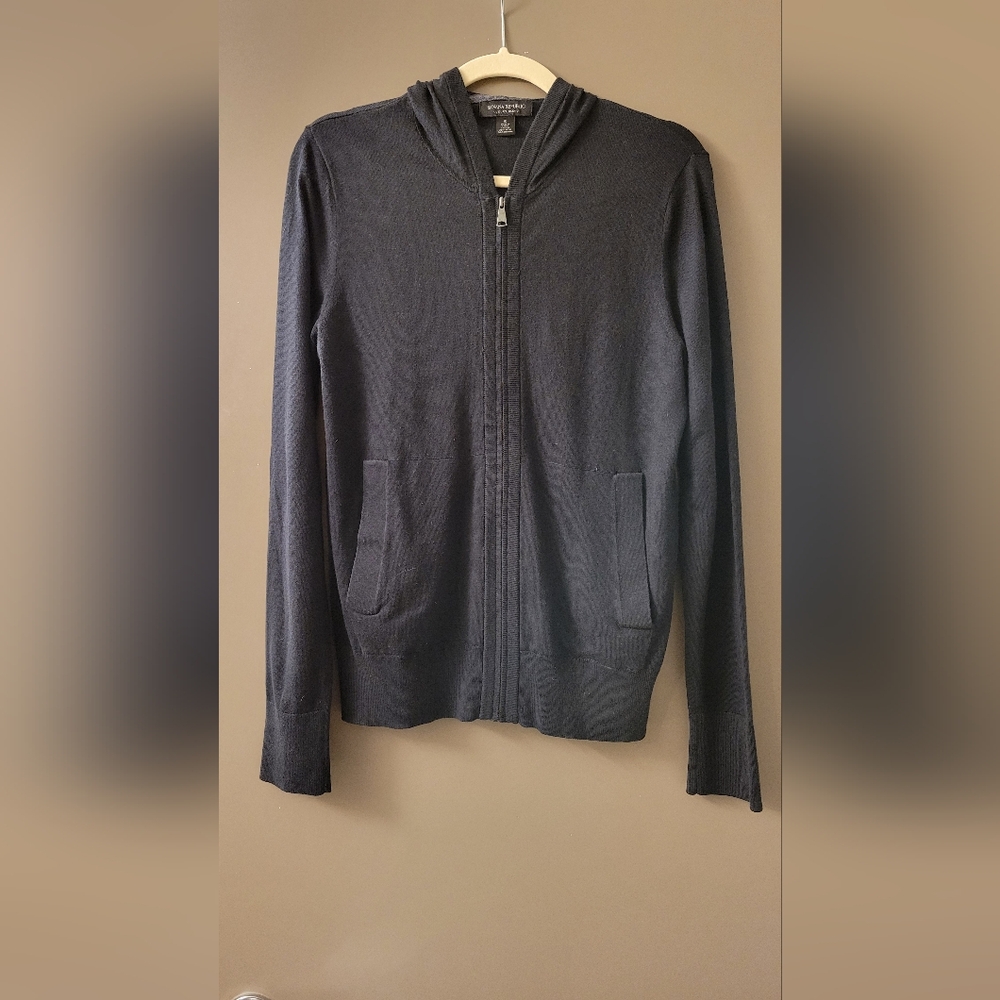 Banana Republic Men's Silk Full-Zip Hooded Cardigan, Black, Small